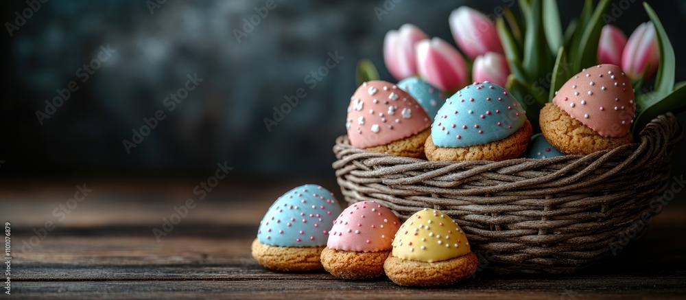 Poster easter themed greeting card background with colorful cookie eggs and tulips in a basket on a rustic 