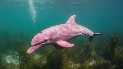 Fototapeta premium Unique underwater view of a rare pink dolphin gracefully swimming among lush marine vegetation in clear blue waters.