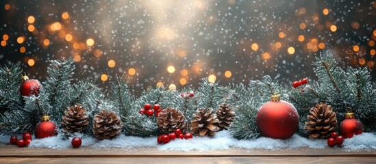 Festive Christmas backdrop with wooden panels, snow, pinecones, and ornaments creating a warm holiday atmosphere.