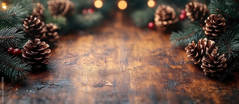 Poster christmas tree branches with decorations and pine cones on rustic wooden surface creating a festive 