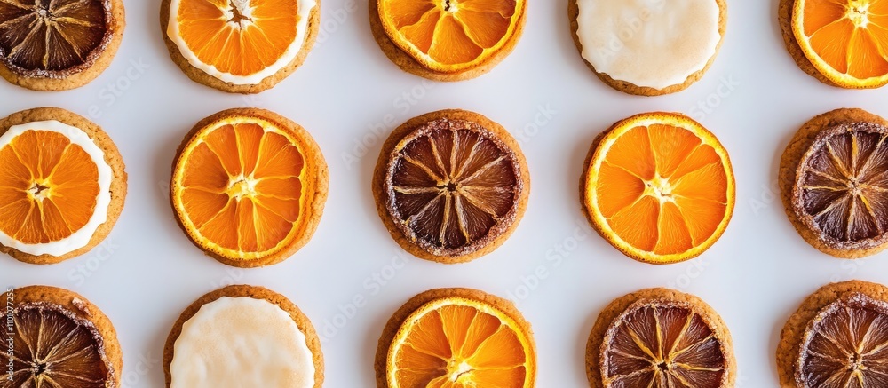 Poster assorted cookies topped with dried orange slices arranged in an appealing flat lay presentation on a