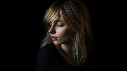 Fototapeta premium Moody portrait of a young woman with blonde hair against a black background emphasizing soft lighting and contemplative expression.