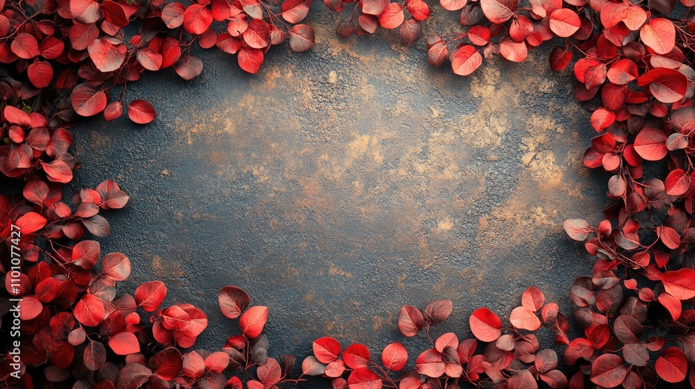 Aufkleber colorful red and brown foliage creates a decorative frame on a textured background with ample space 