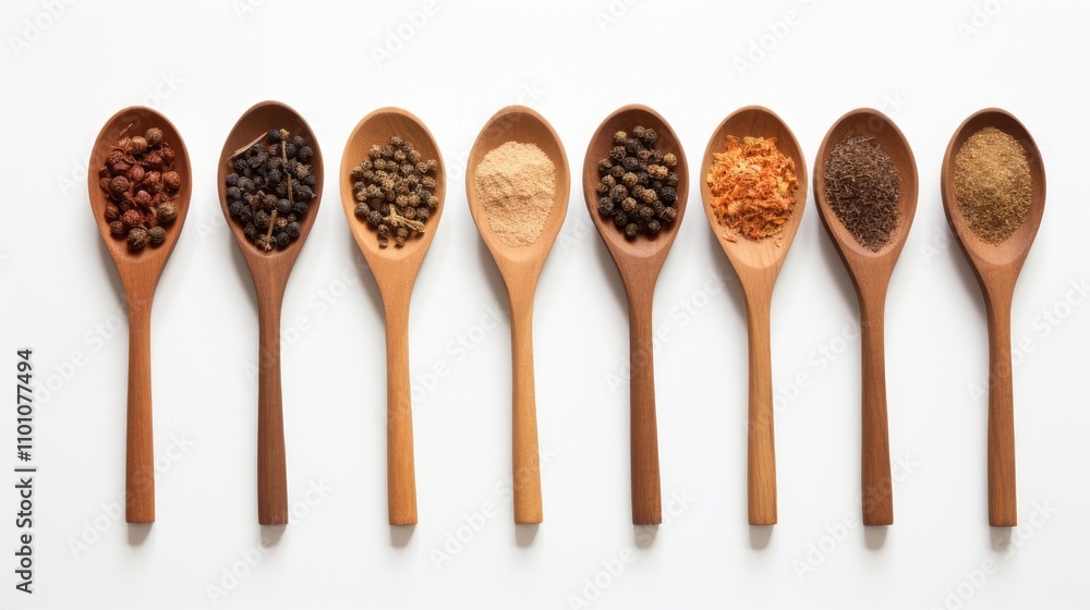 Poster Assorted spices displayed in wooden spoons arranged on a clean white background highlighting culinary diversity and flavor options.
