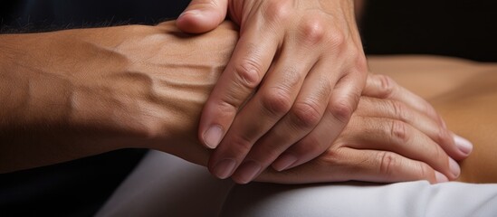 Close up of a massage therapist's hands providing relaxing treatment on a client's shoulder and arm during a therapeutic session
