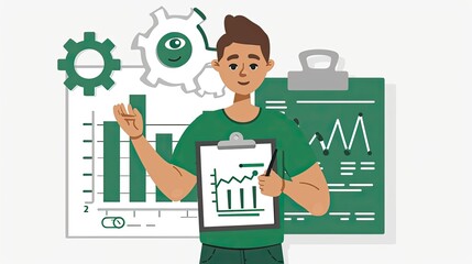 Flat Illustration of an Employee Holding Clipboards with Charts and Graphs, Standing in Front of a Whiteboard with Digital Marketing Data Visualization