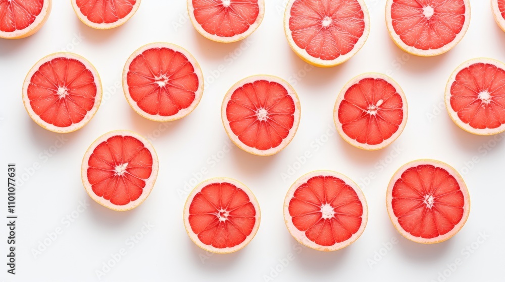 Poster grapefruit slices arranged on a white background creating ideal copy space for text showcasing vibra
