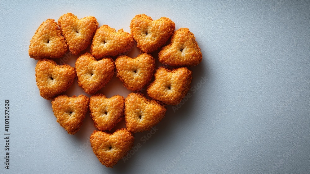 Poster heart-shaped rusks arranged on a white background with ample negative space for customizable text or