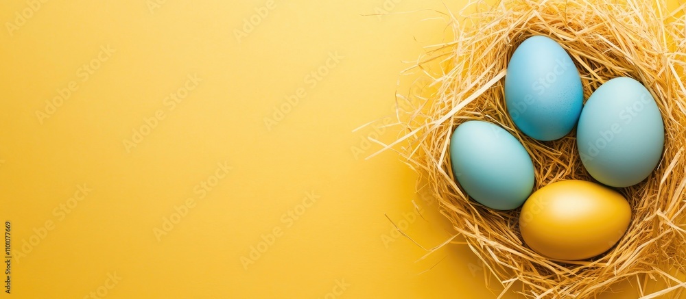 Poster easter eggs in golden and blue hues arranged on straw against a bright yellow background with space 