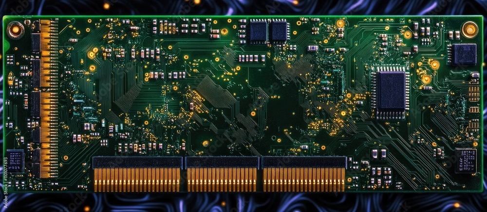 Poster close up of computer motherboard circuitry showcasing ram modules on a textured background highlight