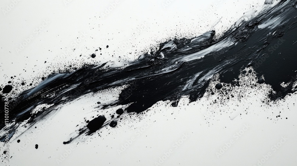 Poster abstract black ink splashes on white paper creating a dramatic artistic texture for backgrounds or d