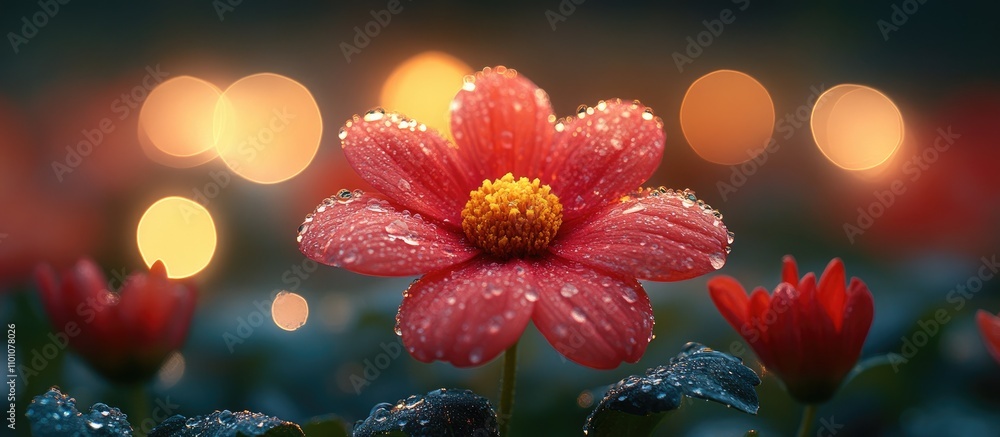 Poster morning dew on vibrant red chrysanthemum with soft bokeh background creating a serene and delicate f