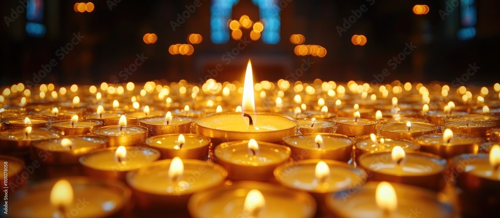 Poster illuminated white candles in a dim church setting creating a peaceful and spiritual ambiance with a 