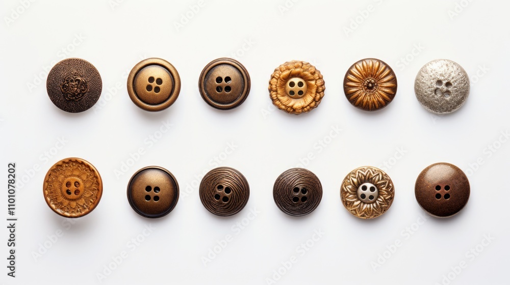 Poster brown decorative buttons arranged in a flat lay on a white background showcasing various textures an