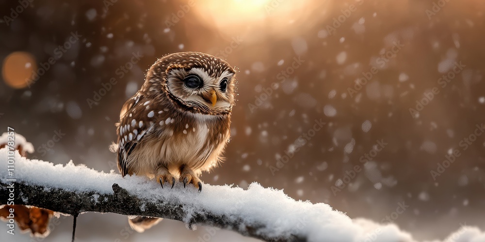 Poster a small owl perched on a snow-covered branch, surrounded by falling snowflakes and warm sunlight in 