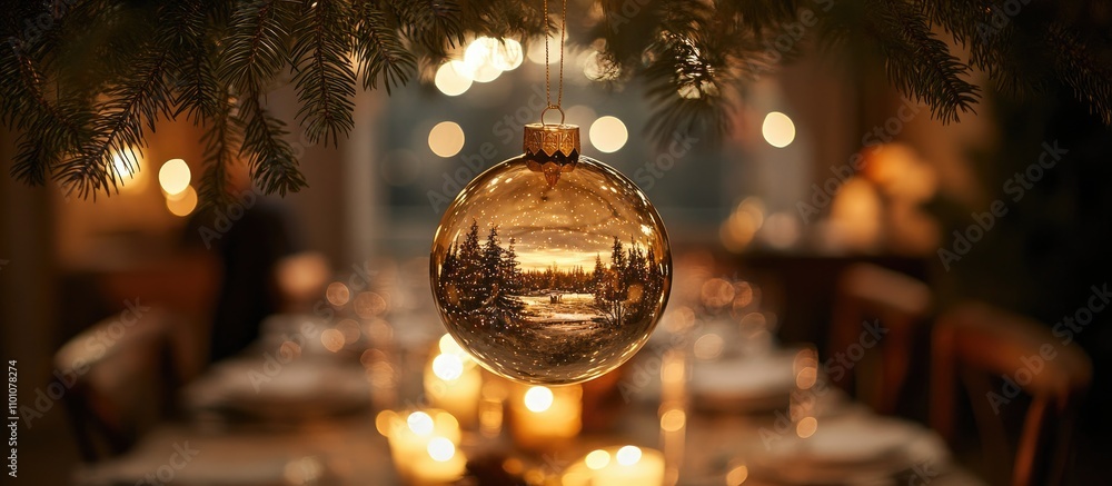 Poster christmas ornament hanging from tree branch with festive table setting in the blurred background cre
