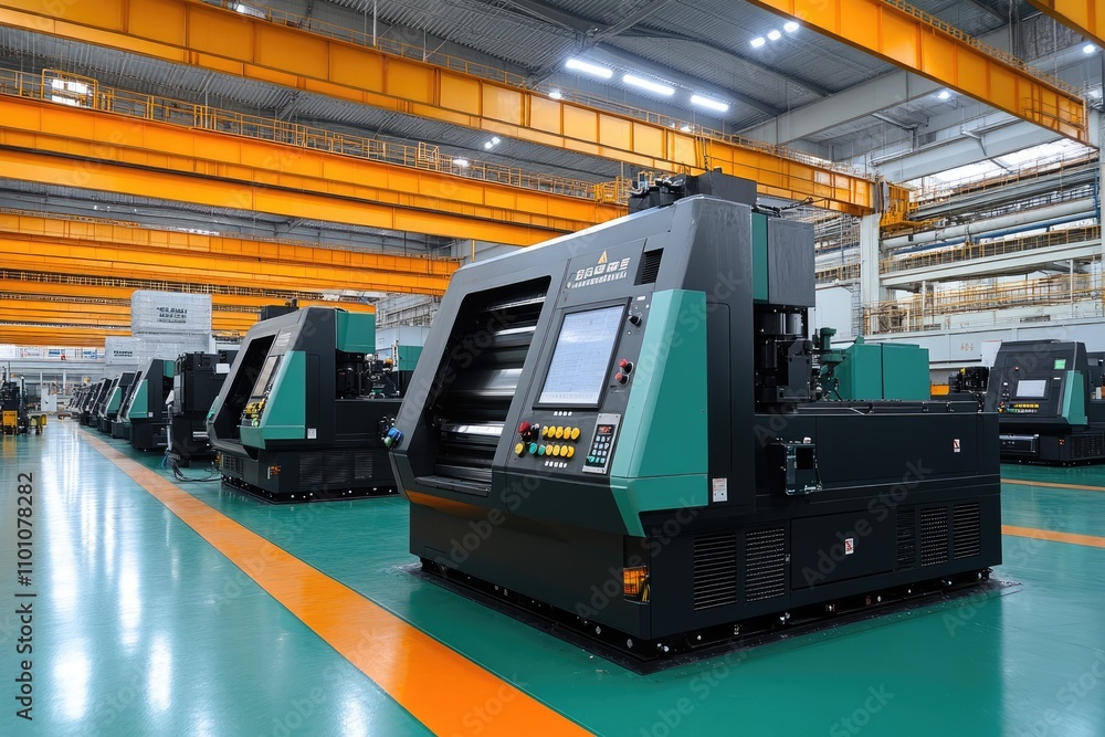 Poster modern industrial machines operating in factory setting
