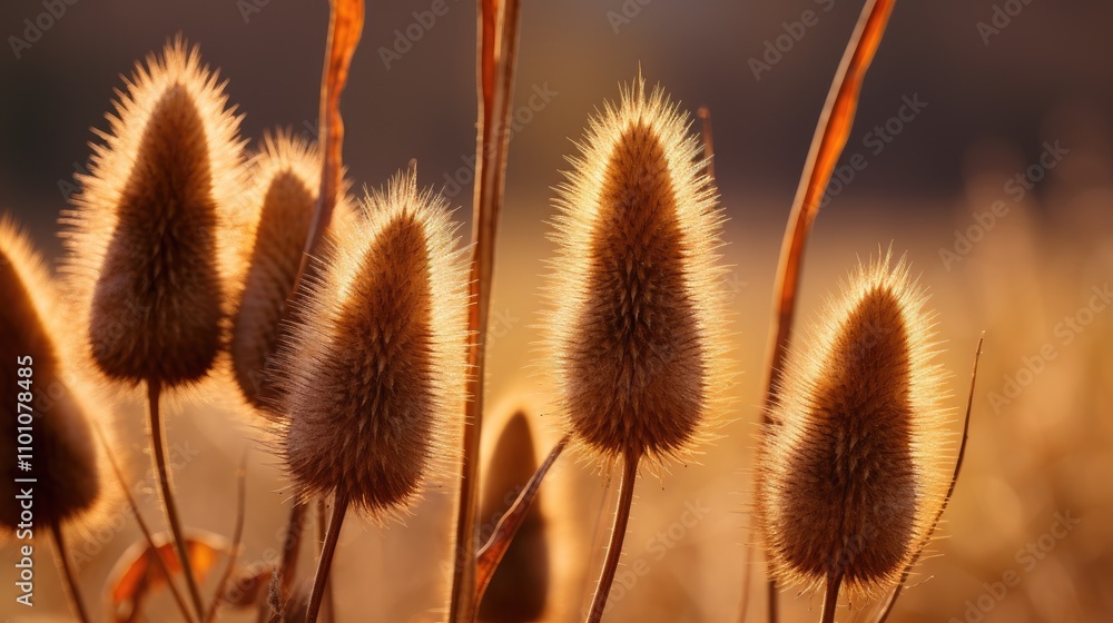 Poster close up of illuminated cutleaf teasel seeds highlighted against a softly blurred warm background in