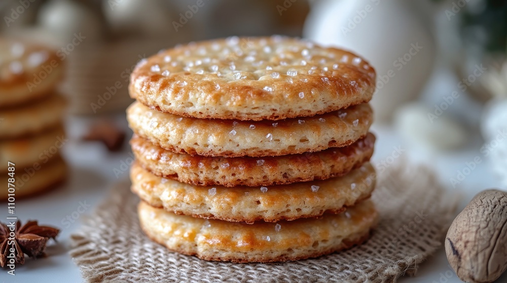 Poster stack of dry biscuit cakes with a shiny surface arranged on jute napkin isolated on white background