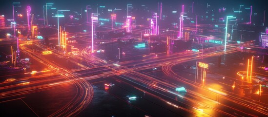 Fototapeta premium Futuristic neon city at night, glowing roads and skyscrapers.