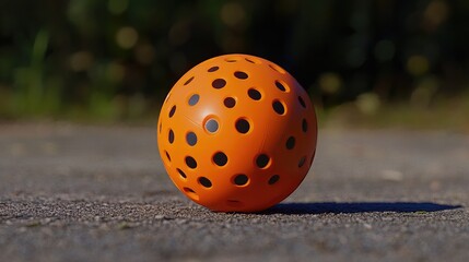 Perforated orange plastic ball designed for racket or paddle sports, featuring holes for enhanced aerodynamics, resting on an outdoor court surface.