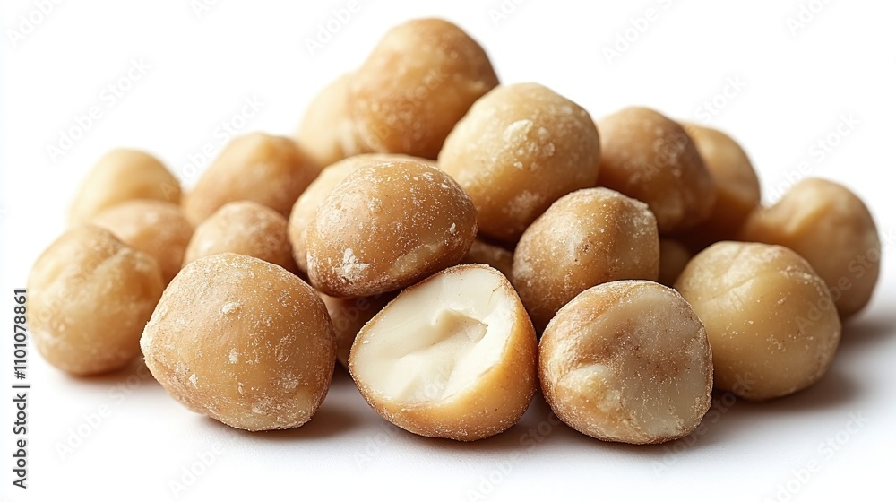 Poster heap of closed macadamia nuts on a white background showcasing their smooth texture and natural colo