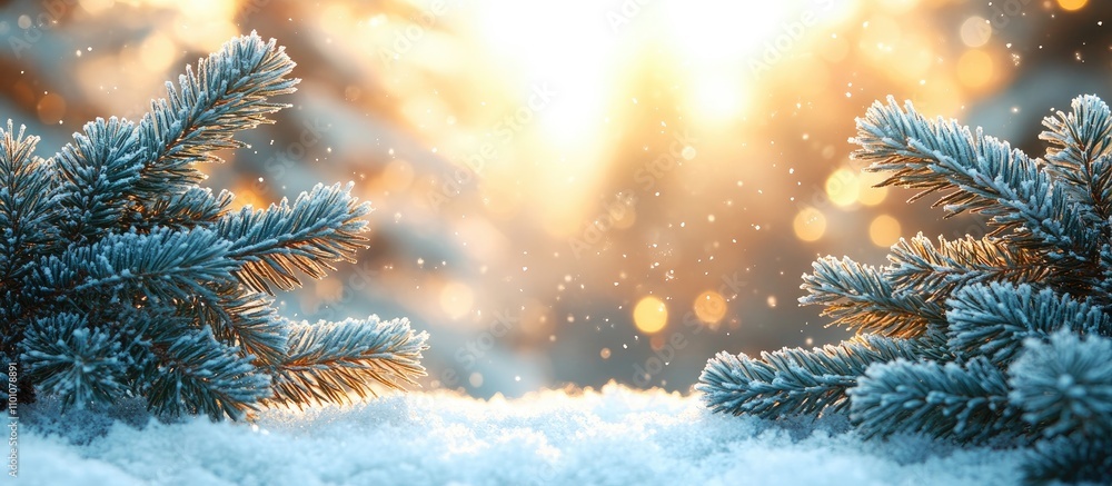 Poster snowy green spruce branches with blurred bokeh background creating a serene winter atmosphere perfec