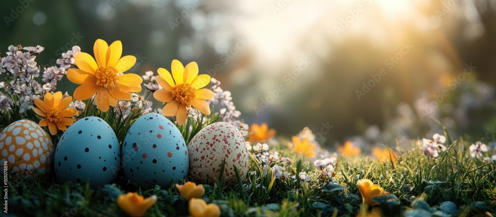 Aufkleber easter landscape with colorful eggs and flowers creating a vibrant spring backdrop for text and seas