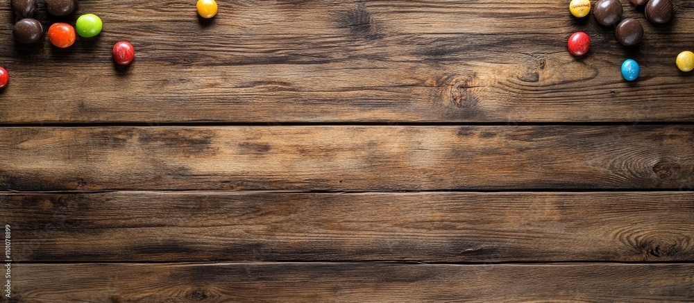 Poster wood table background with assorted candies arranged on the surface empty space for text or product 