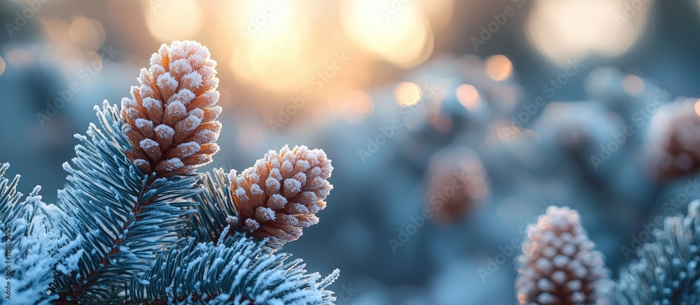 Poster frosted pine tree with snow-covered cones illuminated by soft winter sunlight in a serene natural se