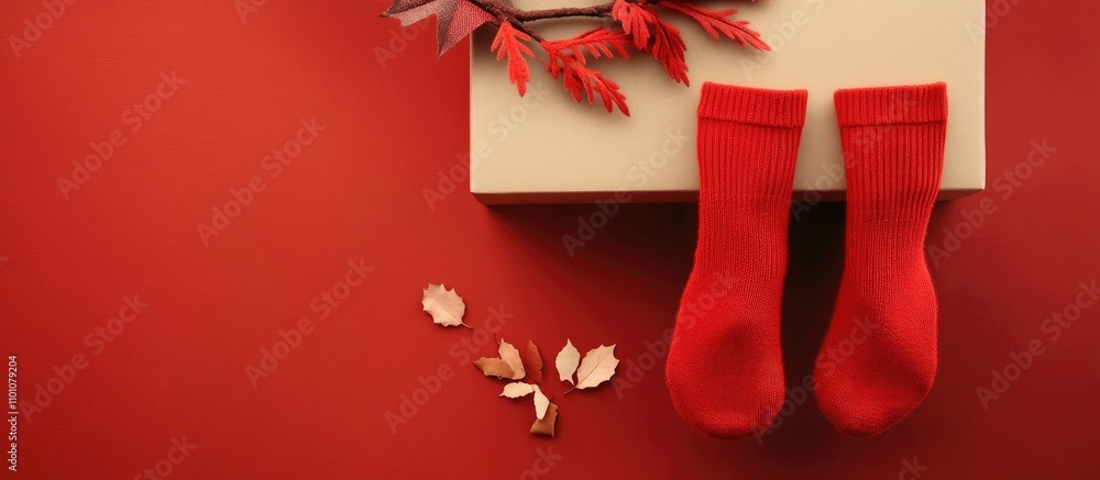 Poster minimalistic red socks and gift box with autumn leaves creating a festive atmosphere on a red backgr