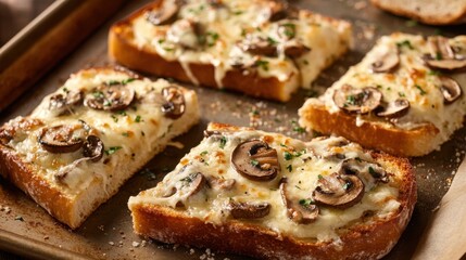 Realistic image of garlic bread topped with cheese