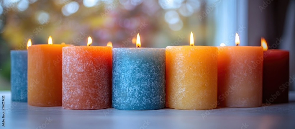 Poster colorful candles lit on a serene background creating a warm and inviting atmosphere for relaxation a