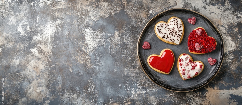 Poster valentine's day heart-shaped cookies with glaze patterns on a rustic stone table providing ample cop