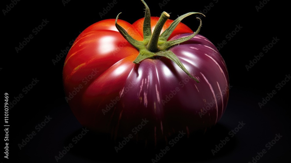 Poster ripe atomic grape heirloom tomato with vibrant colors and distinctive shape on a black background sh