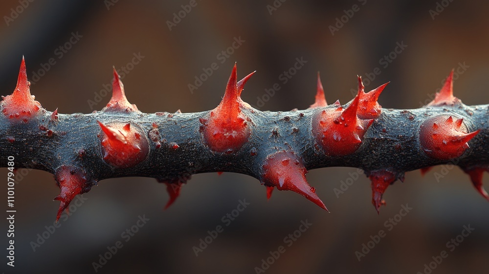 Aufkleber close-up view of vibrant red thorns on a botanical stem showcasing unique textures and colors in nat