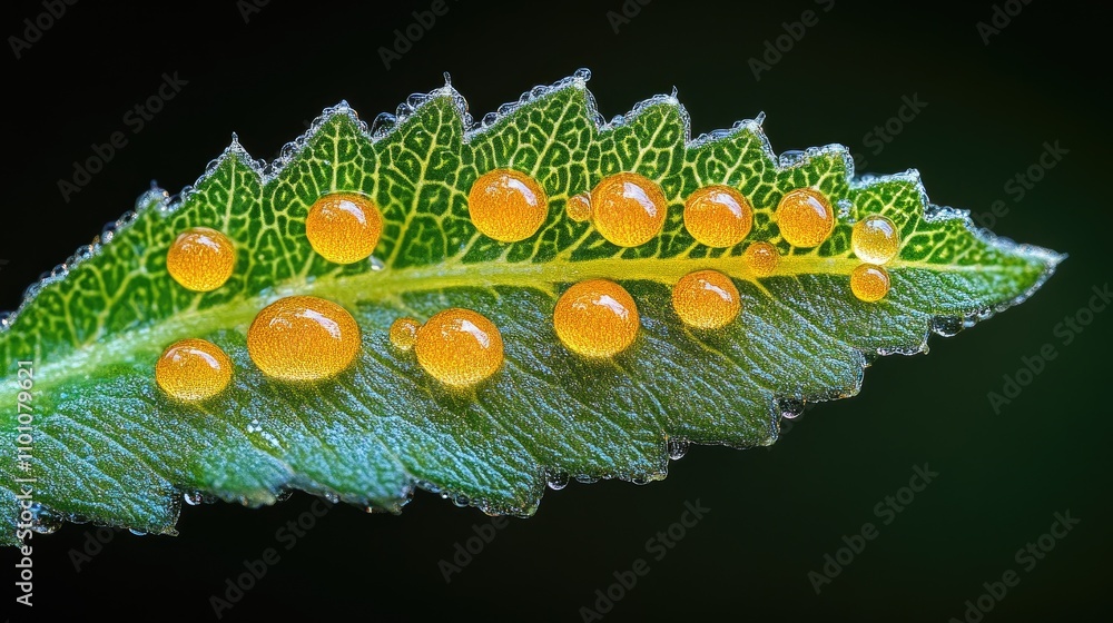 Poster close-up of fern leaf with visible spores and droplets showcasing intricate textures and natural bea