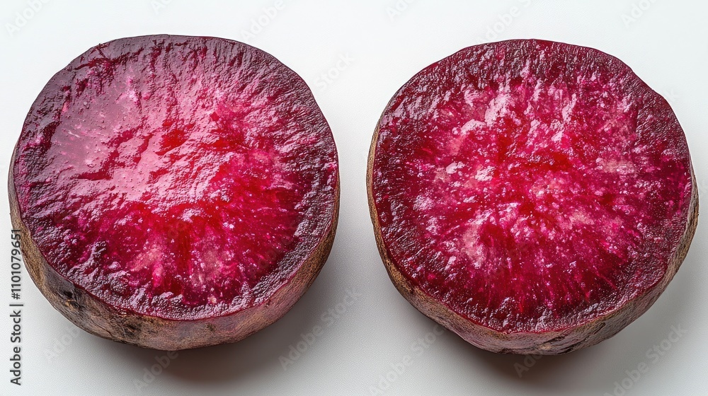 Aufkleber closeup of fresh beetroot sliced in half displaying vibrant red color isolated on a white background