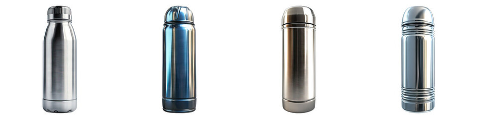 Thermoses isolated on transparent background, Set of