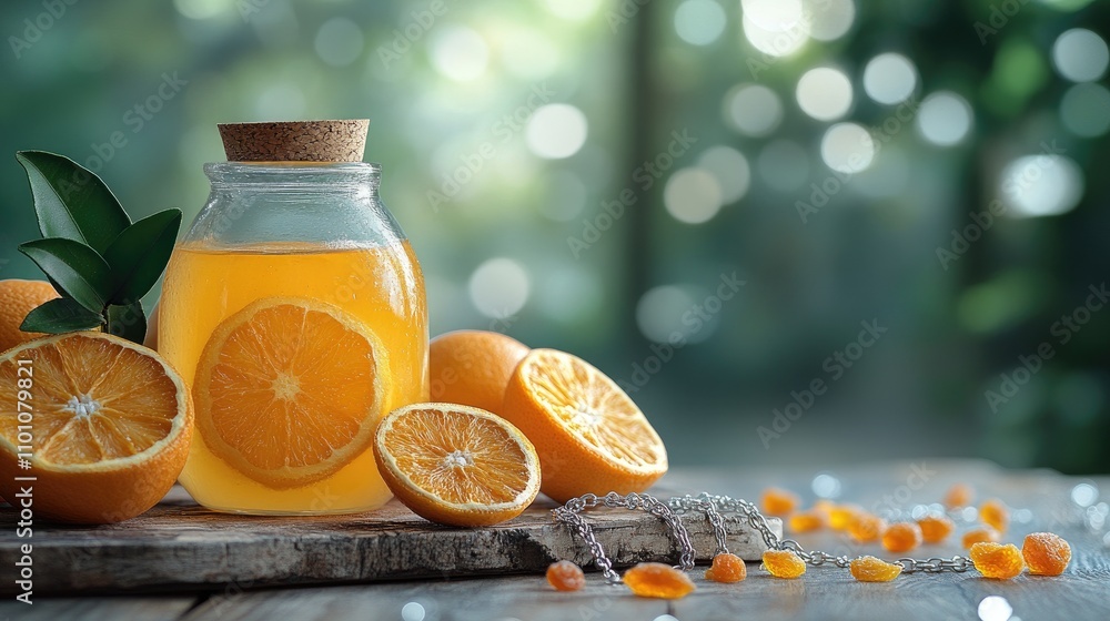 Poster fresh oranges sliced with dried fruits and a bottle of juice on wooden surface in softly lit room cr