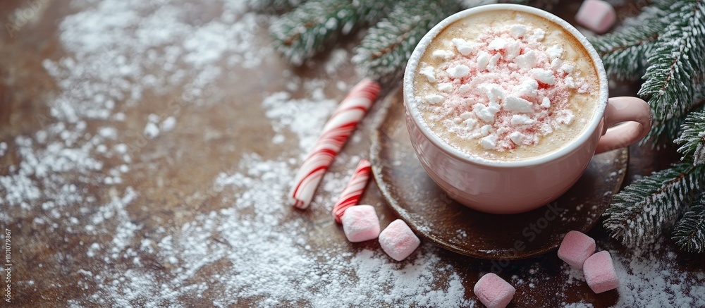 Aufkleber cappuccino with pink marshmallows and candy cane on rustic background festive arrangement with fir b