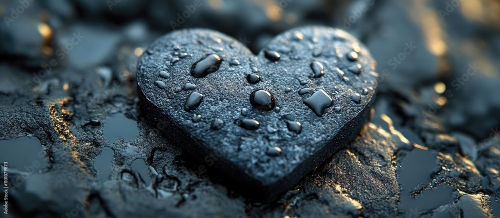 Poster foam heart with water droplets on a dark textured surface creating a moody and inviting atmosphere f