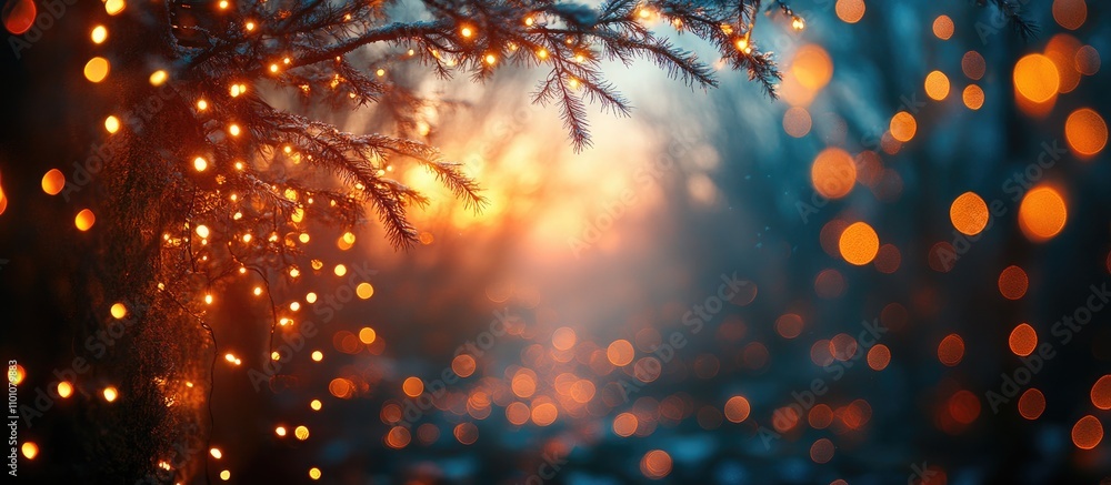 Poster abstract festive lights glowing on tree branches with a dreamy defocused background creating a warm 