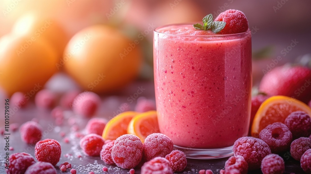 Poster refreshing berry smoothie with raspberries and oranges on a rustic wooden background garnished with 
