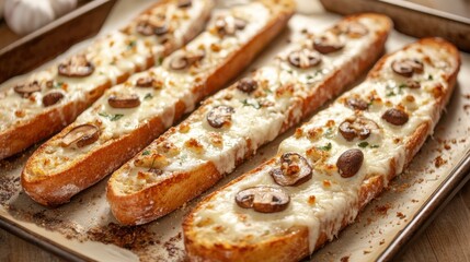 Realistic image of garlic bread topped with cheese