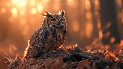 A majestic owl perched among autumn leaves, illuminated by warm, golden sunlight filtering through the forest trees.