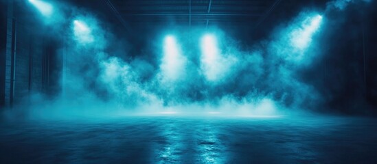 Naklejka premium Industrial factory interior with blue lighting and fog, showcasing manufacturing technology and production line design elements.