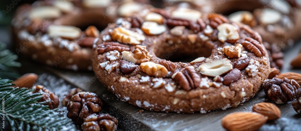 Poster delicious assorted gingerbread cookies topped with nuts and sprinkled with powdered sugar on a rusti