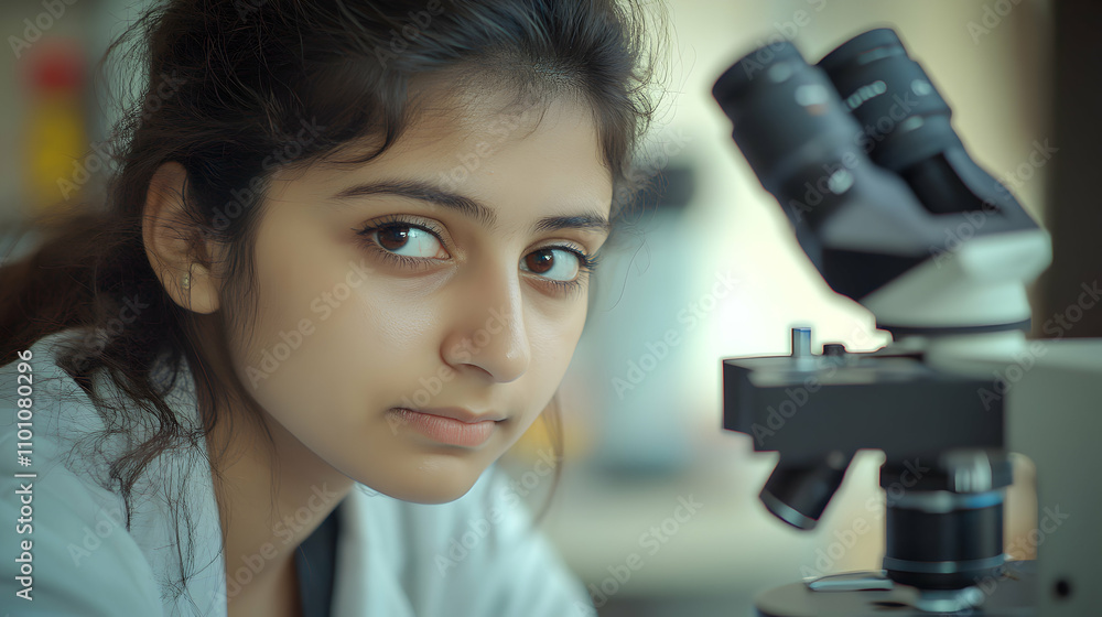 Poster young scientist intently observes through a high-powered microscope during a scientific experiment.