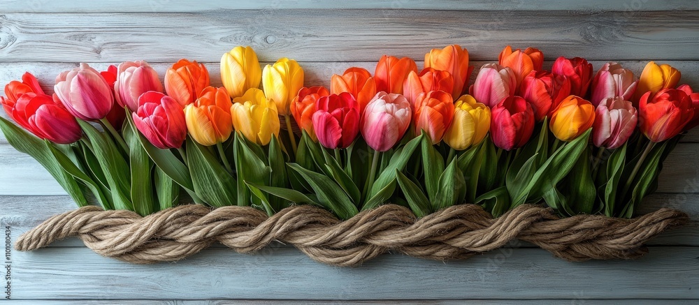 Poster vibrant tulip bouquet arranged on rustic wooden floor with natural rope decor and ample copy space f